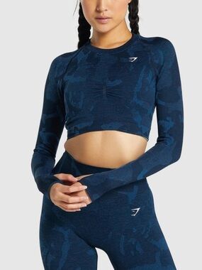Gymshark Adapt Camo Seamless Long Sleeve Crop Top Savanna/Navy